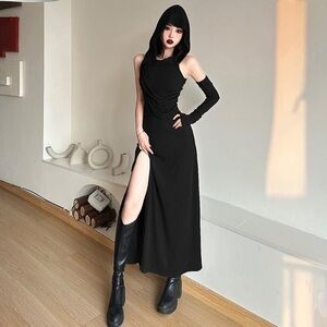 Punk Ruched Split Dress With Hood And Oversleeve Black Size XS-S / 2-4 US
